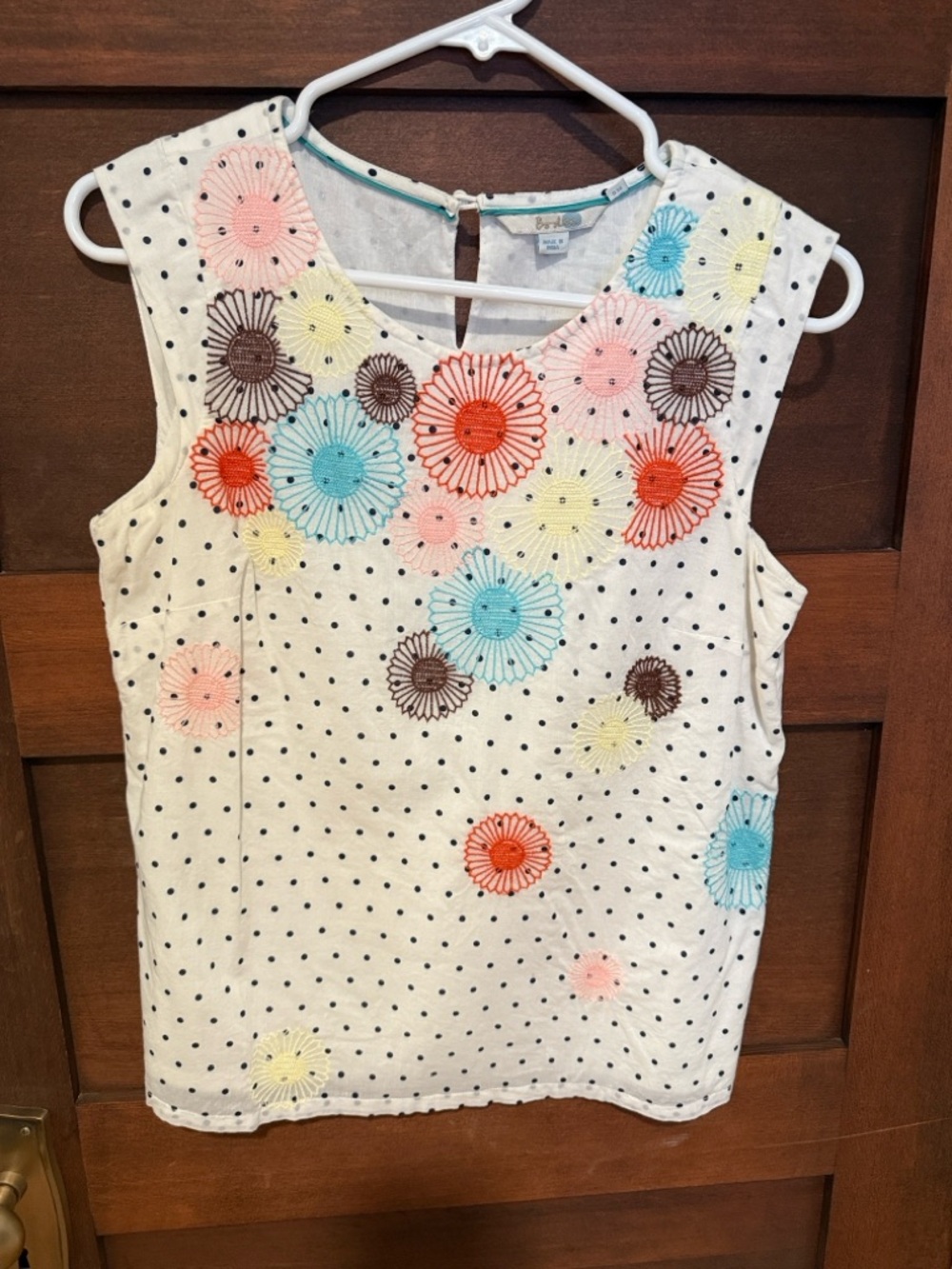 Boden White Polka Dot Tank with Multicolor Floral Embroidery